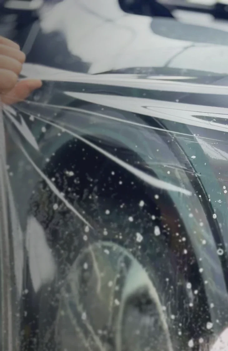 車のボディ端部に透明保護フィルムを密着させ、表面の艶が映り込むクローズアップ
