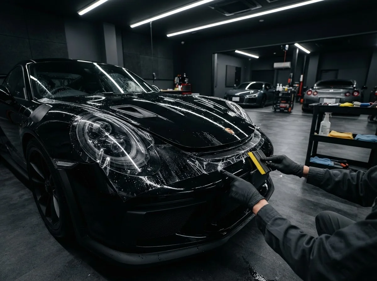 車のフロントバンパーとボンネットに透明保護フィルムを施工している手元